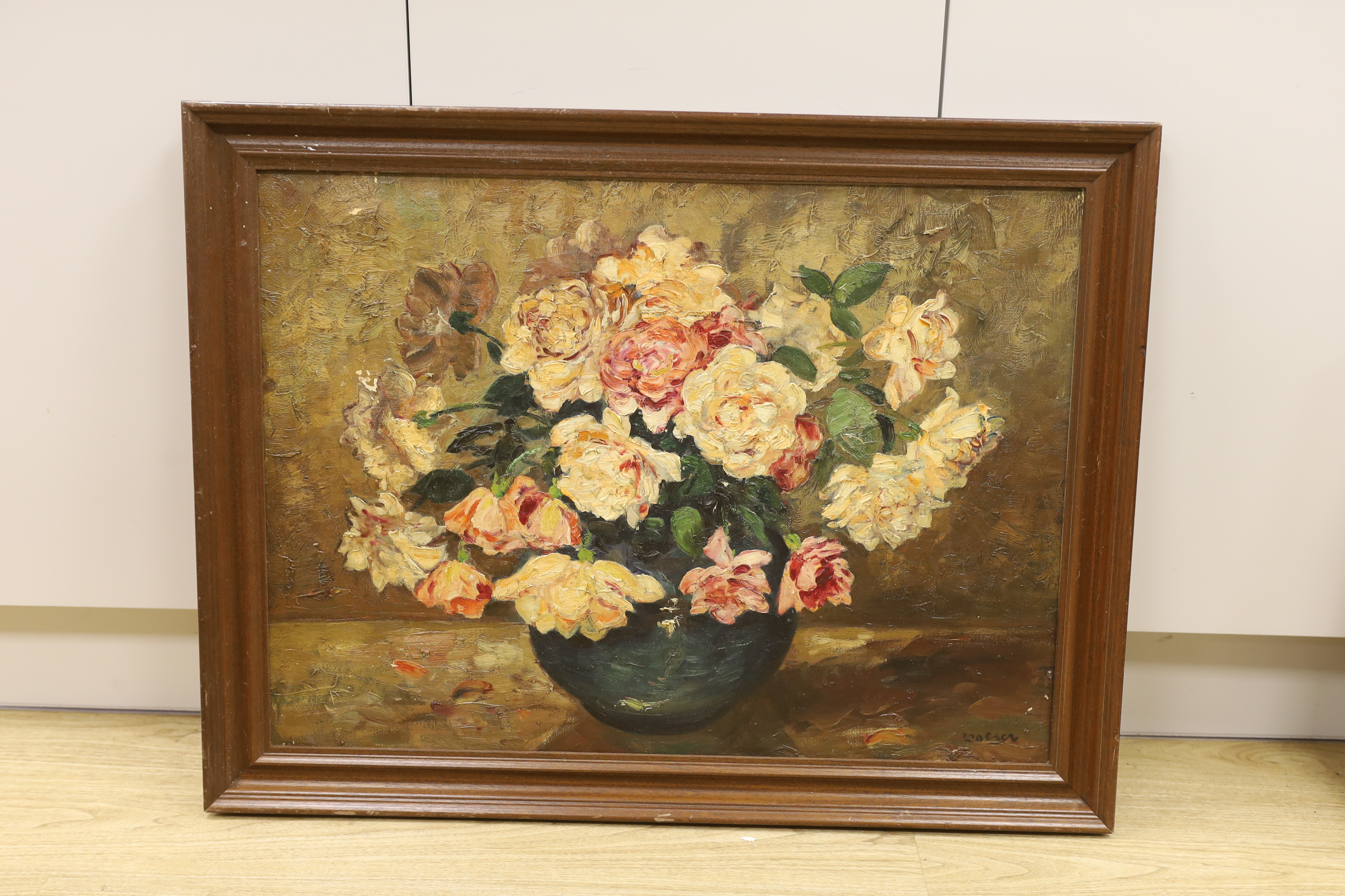 Johannes Jacobus Doeser (Dutch, 1884-1970) impasto oil on canvas, Still life of roses in a vase, signed, 57 x 77cm